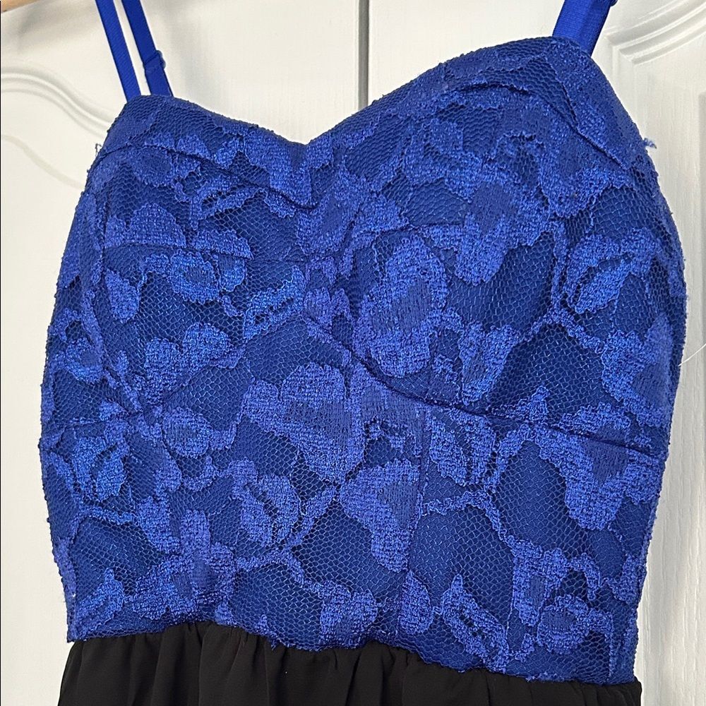 As U Wish Blue & Black High Low Simi Formal Dress with Lace upper & sheer skirt - Picture 6 of 7